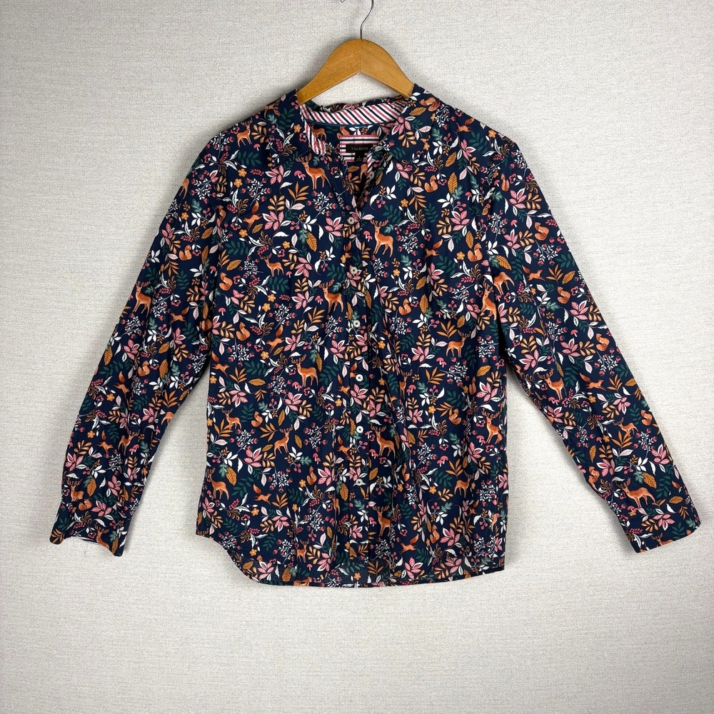 Talbots Button Up Womens L Cotton Long Sleeve Whimsical Woodland Animals Print
